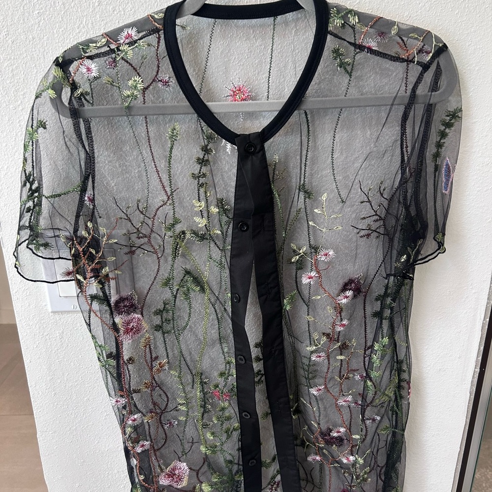 Floral Embroidered Sheer Black Top